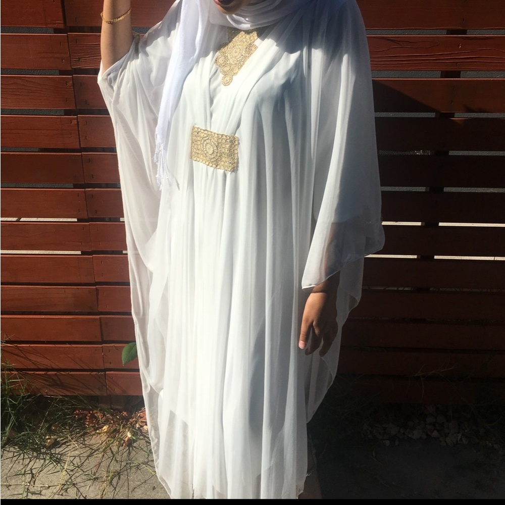 Elegant White and Gold Embroidered butterfly Abaya